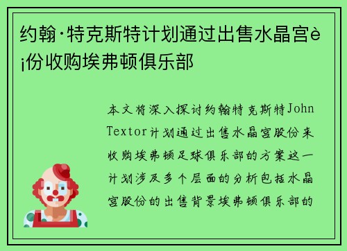 约翰·特克斯特计划通过出售水晶宫股份收购埃弗顿俱乐部 约翰·特克斯特计划通过出售水晶宫股份收购埃弗顿俱乐部